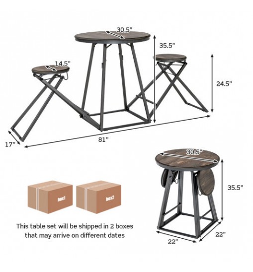 3 Pieces Dining Table Set with 2 Foldable Stools for Small Space-Gray