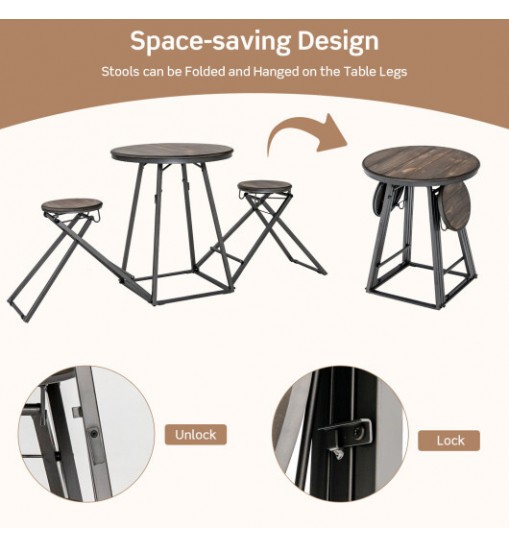 3 Pieces Dining Table Set with 2 Foldable Stools for Small Space-Gray