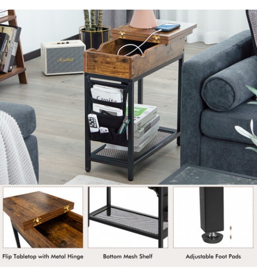 Industrial End Table with Charging Station and Flip Top-Rustic Brown