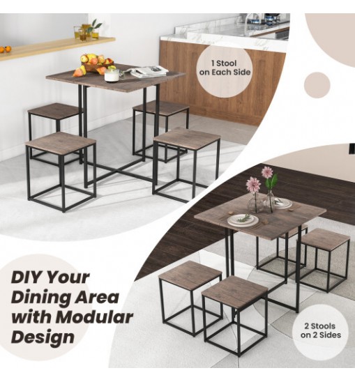 5 Piece Dining Table Set with 4 Stools-Gray