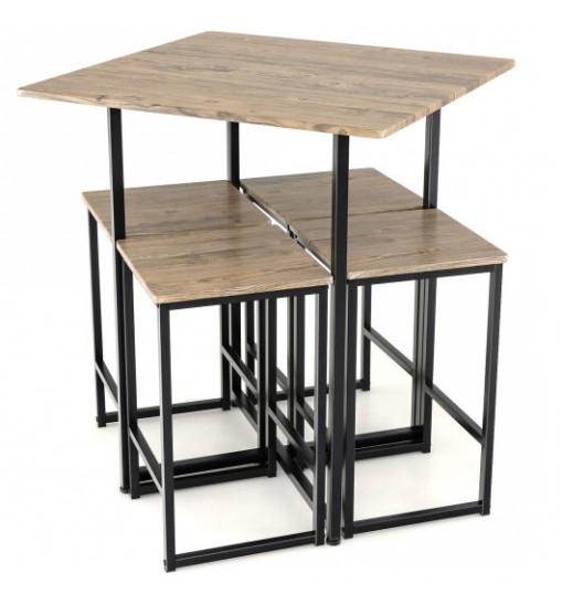 5 Piece Square Space-saving Dining Table Set with 4 Stools