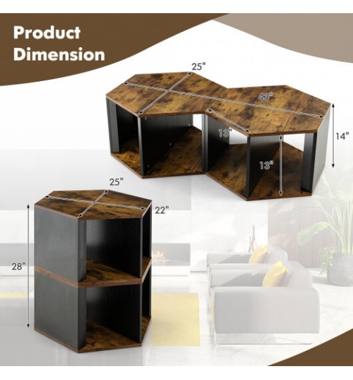 2 Pieces Hexagonal Side End Table for Living Office Coffee Room-Coffee