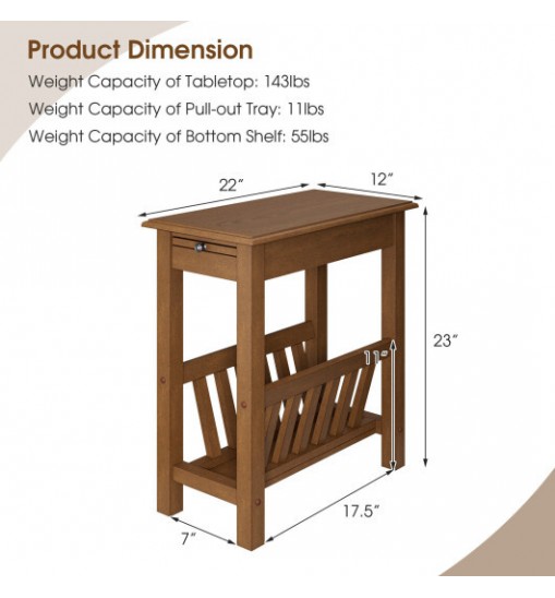 2-Tier End Table with Pull-out Tray and Solid Rubber Wood Legs-Natural