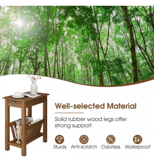 2-Tier End Table with Pull-out Tray and Solid Rubber Wood Legs-Natural