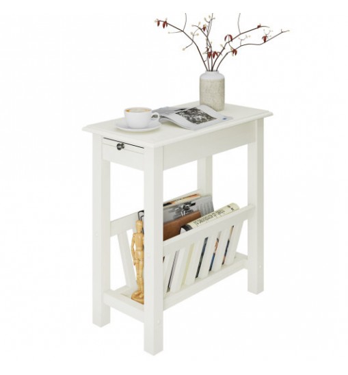 2-Tier End Table with Pull-out Tray and Solid Rubber Wood Legs-Natural