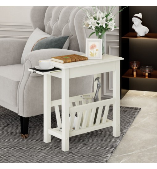 2-Tier End Table with Pull-out Tray and Solid Rubber Wood Legs-Natural