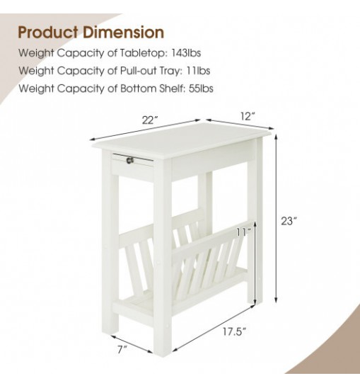 2-Tier End Table with Pull-out Tray and Solid Rubber Wood Legs-Natural