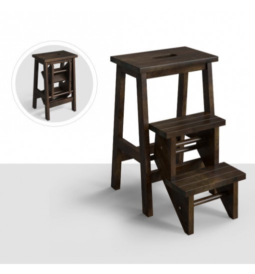 3-in-1 Rubber Wood Step Stool with Convenient Handle-Brown