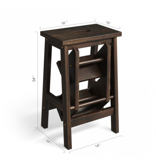 3-in-1 Rubber Wood Step Stool with Convenient Handle-Brown