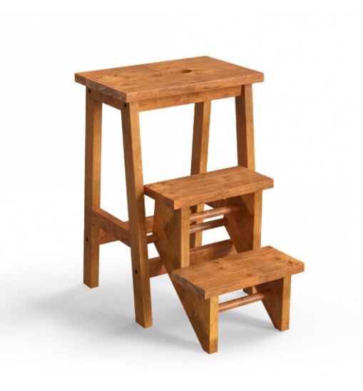 3-in-1 Rubber Wood Step Stool with Convenient Handle-Brown