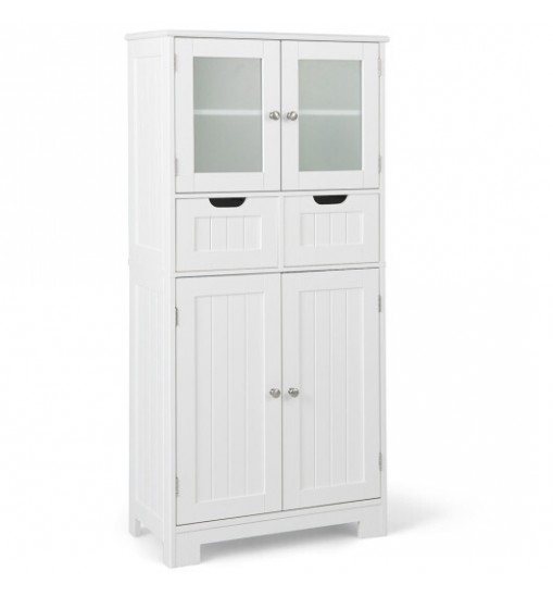 4 Door Freee-Standing Bathroom Cabinet with 2 Drawers and Glass Doors-Gray