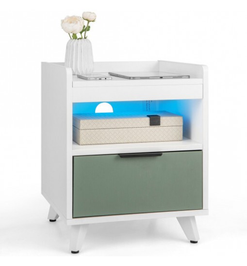 Modern Nightstand with LED Lights Sliding Drawer and Open Compartment-White