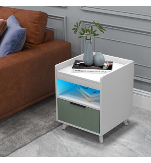 Modern Nightstand with LED Lights Sliding Drawer and Open Compartment-White