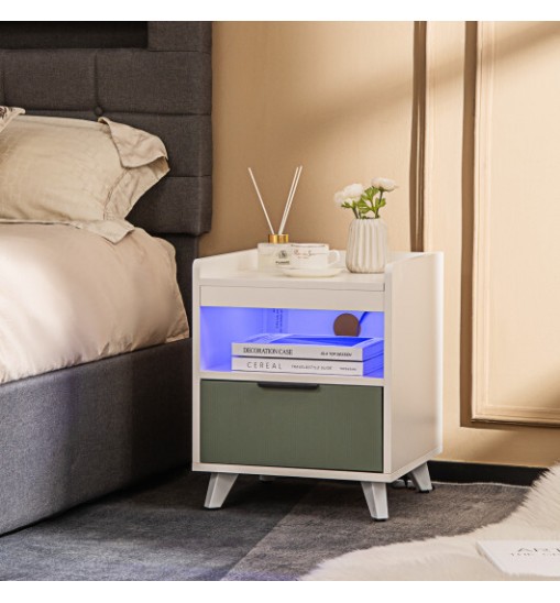 Modern Nightstand with LED Lights Sliding Drawer and Open Compartment-White