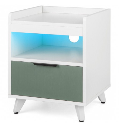 Modern Nightstand with LED Lights Sliding Drawer and Open Compartment-White