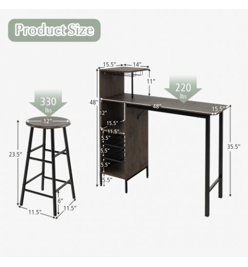 3 Piece Bar Table and Chairs Set with 6-Bottle Wine Rack-Brown