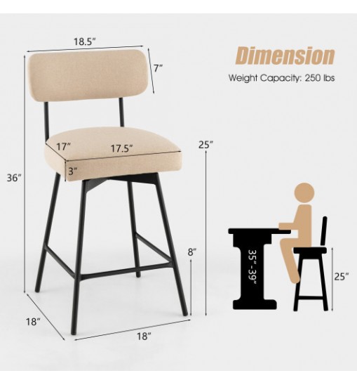 25" 2-Piece Modern Upholstered Bar Stools with Back and Footrests-Beige