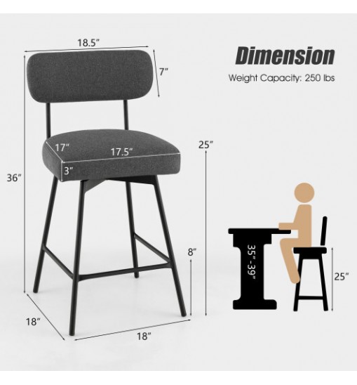 25" 2-Piece Modern Upholstered Bar Stools with Back and Footrests-Beige