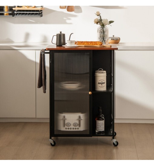 Mobile Serving Cart with Transparent Single Door Cabinet-Black