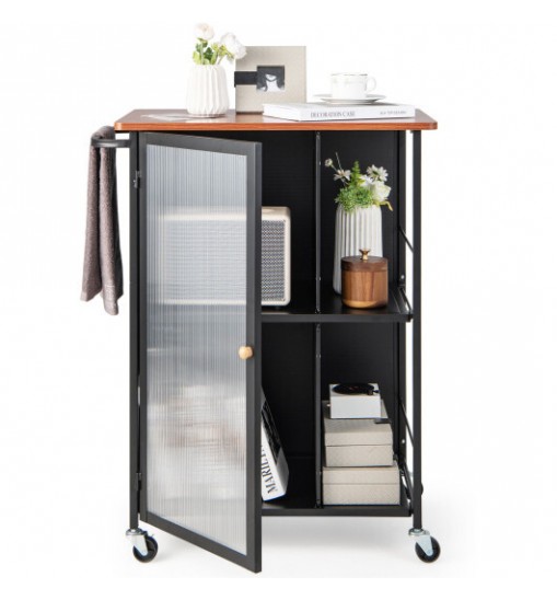 Mobile Serving Cart with Transparent Single Door Cabinet-Black