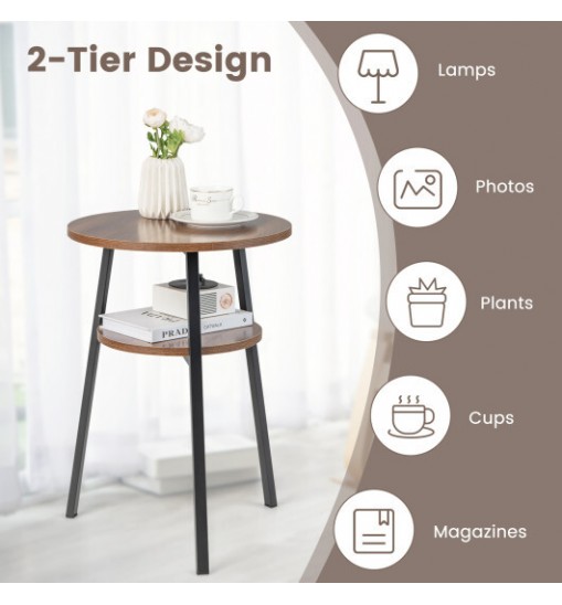 2-Tier Round End Table with Open Shelf and Triangular Metal Frame-Brown