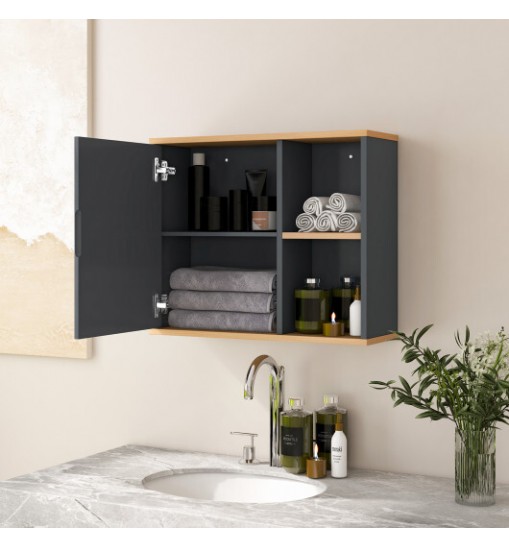 Bathroom Wall Mounted Cabinet with Single Mirror Door and Adjustable Shelf-Gray