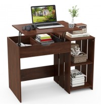 Lift Top Modern Computer Desk with 2 Hidden Compartments and 2 Open Storage Shelves-Walnut