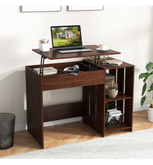 Lift Top Modern Computer Desk with 2 Hidden Compartments and 2 Open Storage Shelves-Walnut