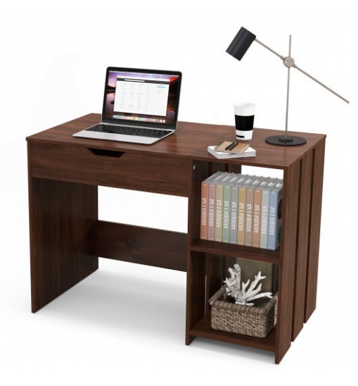 Lift Top Modern Computer Desk with 2 Hidden Compartments and 2 Open Storage Shelves-Walnut