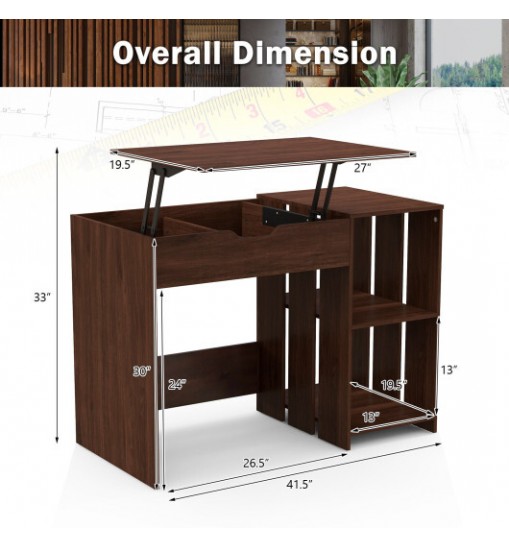 Lift Top Modern Computer Desk with 2 Hidden Compartments and 2 Open Storage Shelves-Walnut