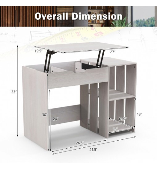 Lift Top Modern Computer Desk with 2 Hidden Compartments and 2 Open Storage Shelves-Walnut