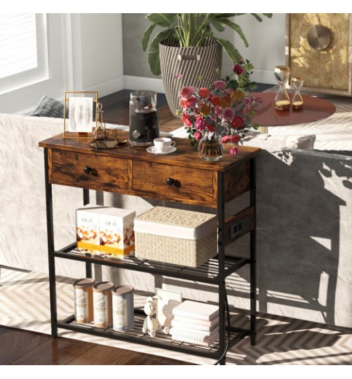 Narrow Console Table with 2 Drawers and 2 Metal Mesh Shelves-Rustic Brown