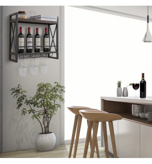 Industrial Wall Mounted Wine Rack with 3 Stem Glass Holders