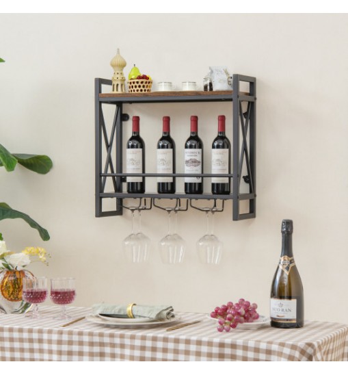 Industrial Wall Mounted Wine Rack with 3 Stem Glass Holders