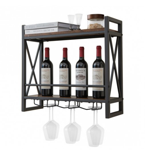 Industrial Wall Mounted Wine Rack with 3 Stem Glass Holders