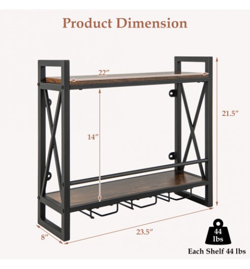 Industrial Wall Mounted Wine Rack with 3 Stem Glass Holders