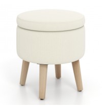 Round Storage Ottoman with Rubber Wood Legs and Adjustable Foot Pads-Beige