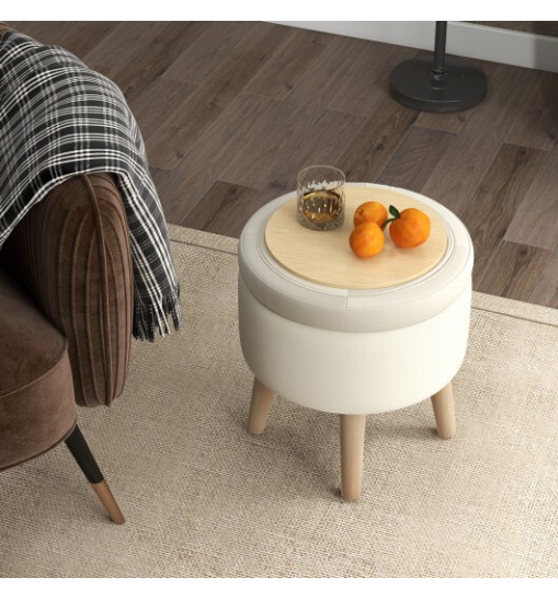 Round Storage Ottoman with Rubber Wood Legs and Adjustable Foot Pads-Beige