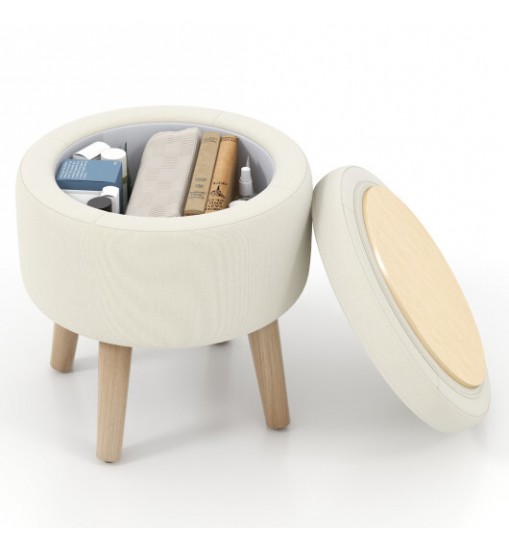 Round Storage Ottoman with Rubber Wood Legs and Adjustable Foot Pads-Beige