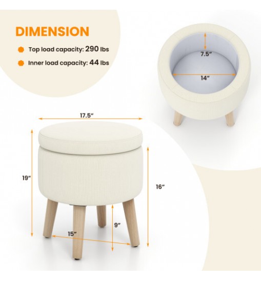 Round Storage Ottoman with Rubber Wood Legs and Adjustable Foot Pads-Beige