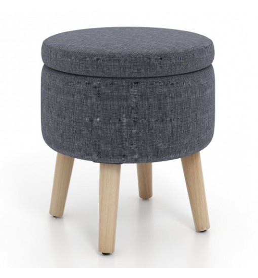 Round Storage Ottoman with Rubber Wood Legs and Adjustable Foot Pads-Beige