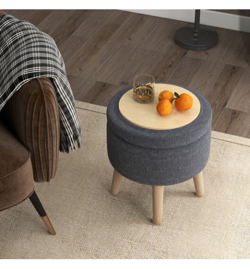 Round Storage Ottoman with Rubber Wood Legs and Adjustable Foot Pads-Beige