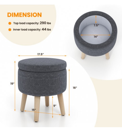 Round Storage Ottoman with Rubber Wood Legs and Adjustable Foot Pads-Beige