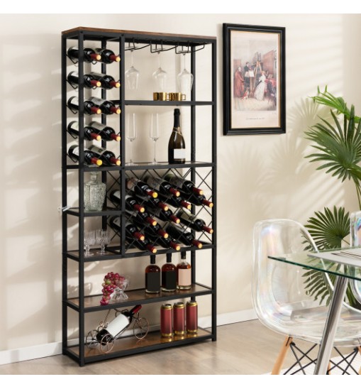 Industrial Floor Wine Rack with 3 Rows of Stemware Racks