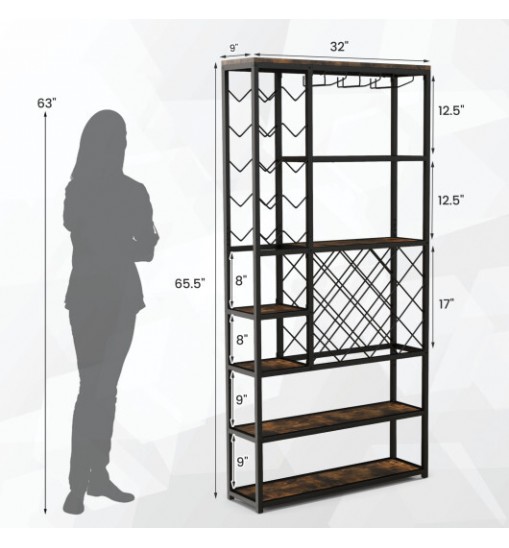 Industrial Floor Wine Rack with 3 Rows of Stemware Racks