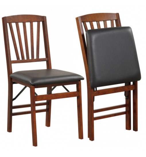 Set of 2 Folding Chairs with Padded Seat and Rubber Wood Frame-Brown