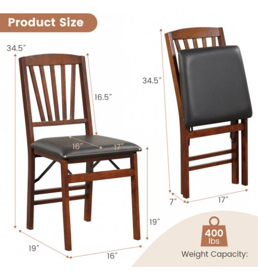 Set of 2 Folding Chairs with Padded Seat and Rubber Wood Frame-Brown