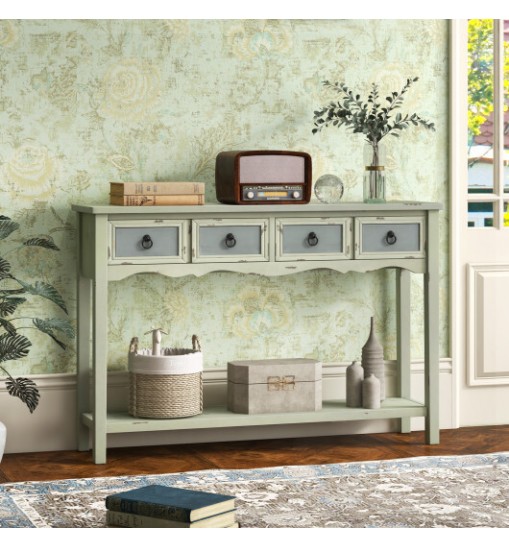 48 Inch Farmhouse Console Table with 2 Drawers and Open Storage Shelf for Hallway