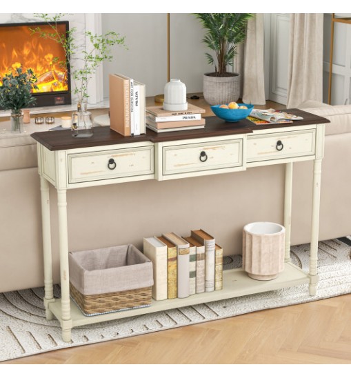 52 Inch Farmhouse Console Table with 3 Drawers and Open Storage Shelf for Hallway