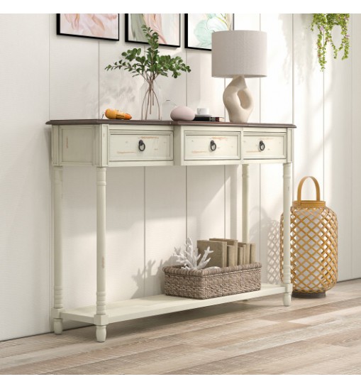 52 Inch Farmhouse Console Table with 3 Drawers and Open Storage Shelf for Hallway